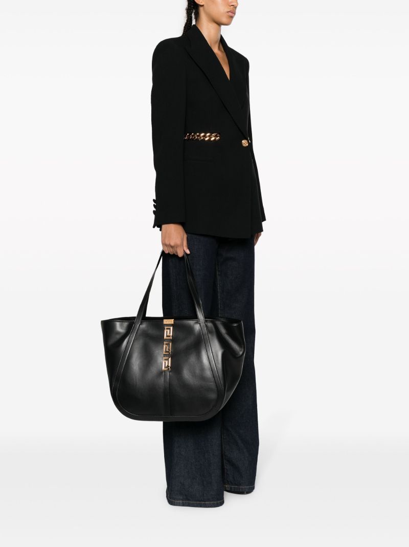 Black Large Greca Goddess Leather Tote Bag
