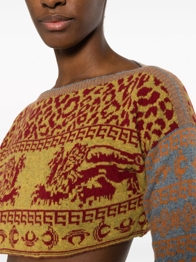 Neutral Intarsia-knit Cropped Sweater