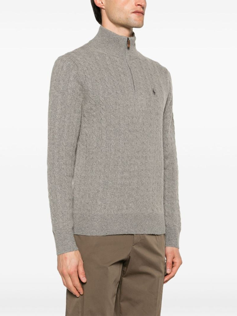 Grey Polo Pony Cable-knit Sweater