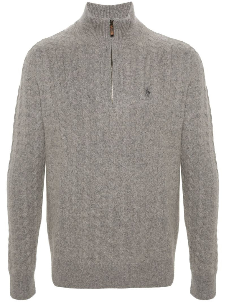 Grey Polo Pony Cable-knit Sweater