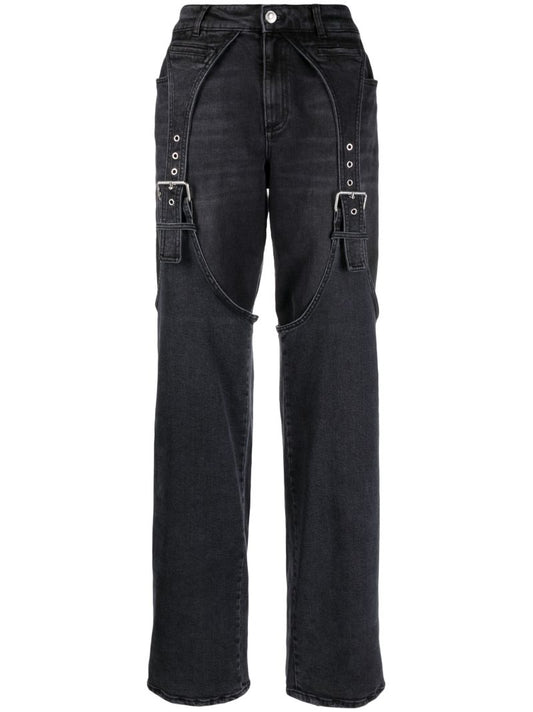 Grey Strap-detail Wide-leg Jeans