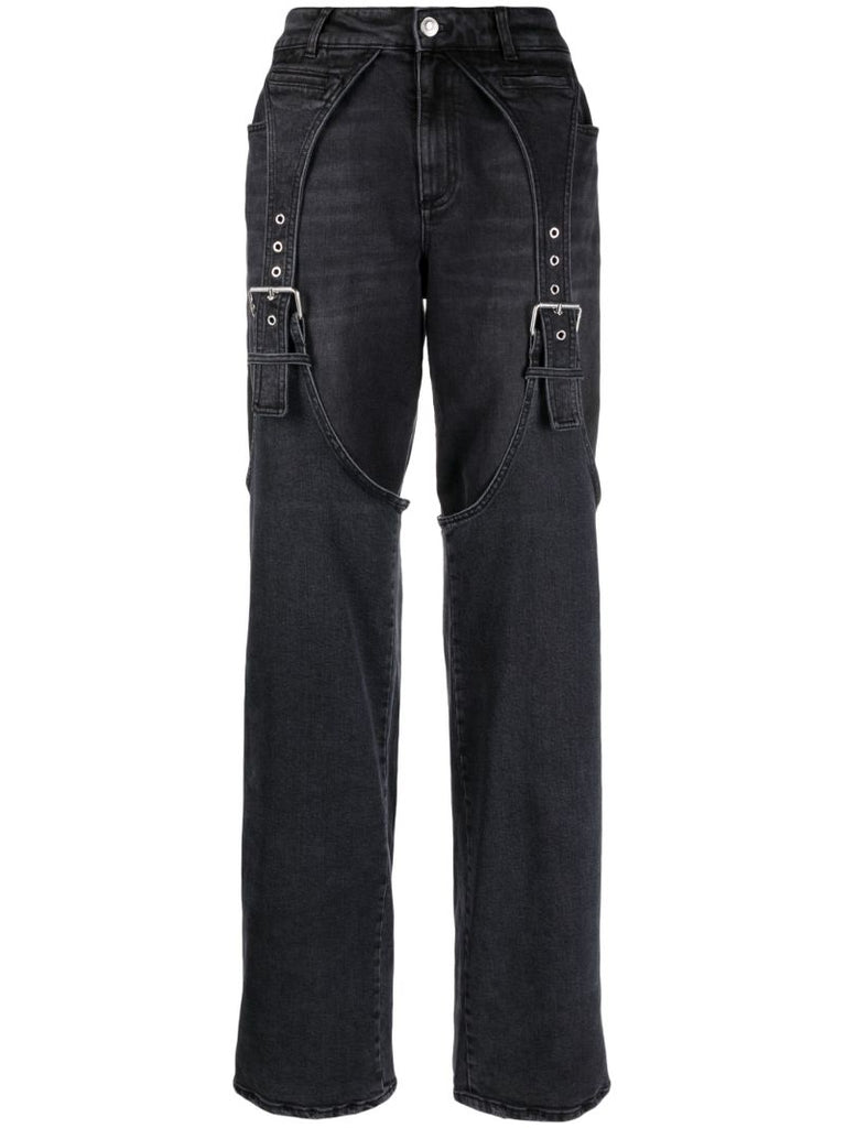 Grey Strap-detail Wide-leg Jeans