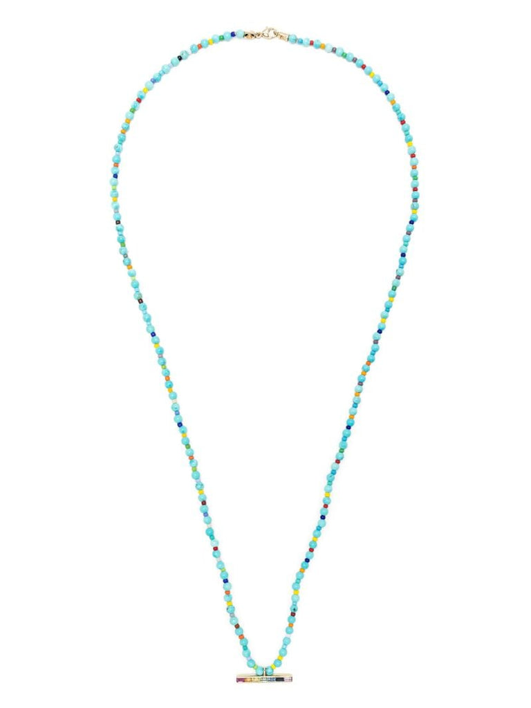 14k Yellow Gold Id Bar Sapphire Beaded Necklace