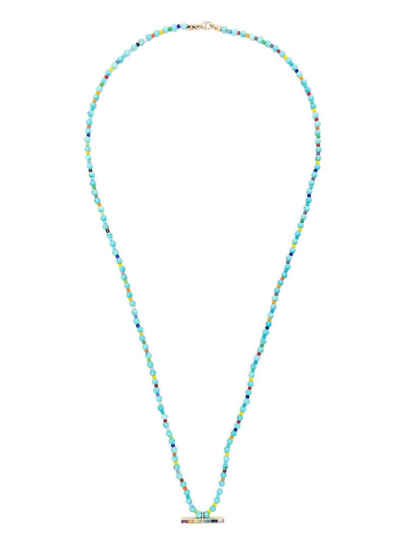 14k Yellow Gold Id Bar Sapphire Beaded Necklace