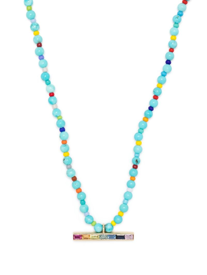 14k Yellow Gold Id Bar Sapphire Beaded Necklace