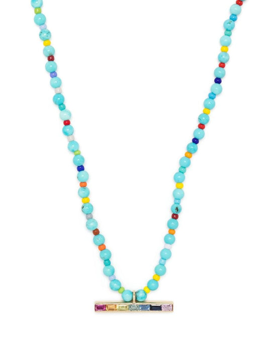 14k Yellow Gold Id Bar Sapphire Beaded Necklace