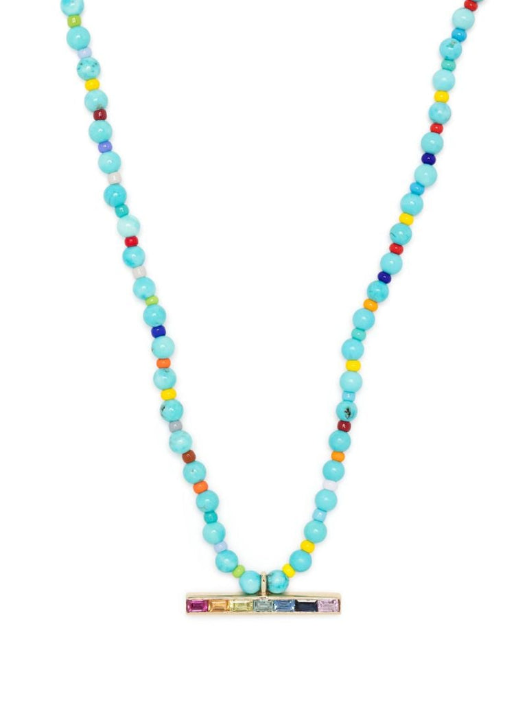14k Yellow Gold Id Bar Sapphire Beaded Necklace