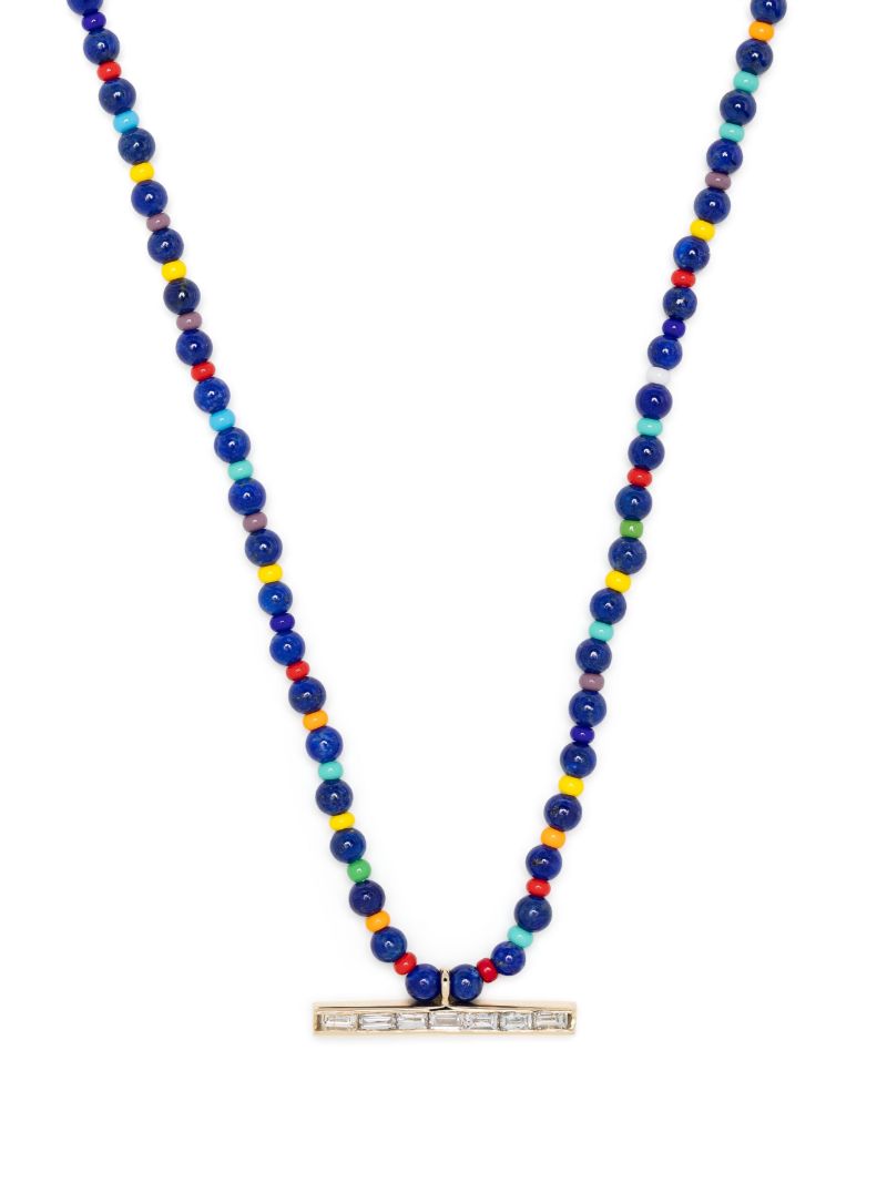 14k Yellow Gold Id Bar Diamond Beaded Necklace