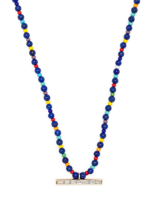 14k Yellow Gold Id Bar Diamond Beaded Necklace