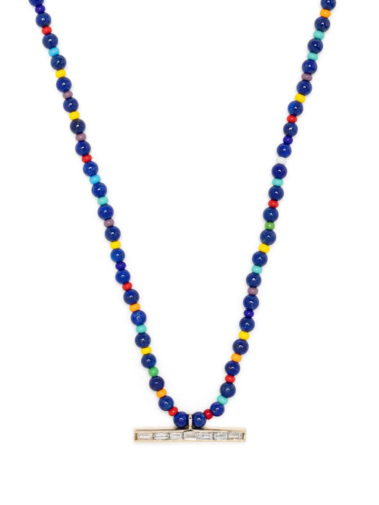 14k Yellow Gold Id Bar Diamond Beaded Necklace