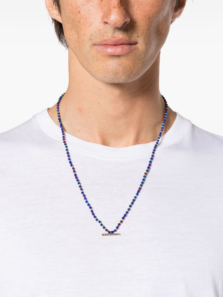 14k Yellow Gold Id Bar Diamond Beaded Necklace