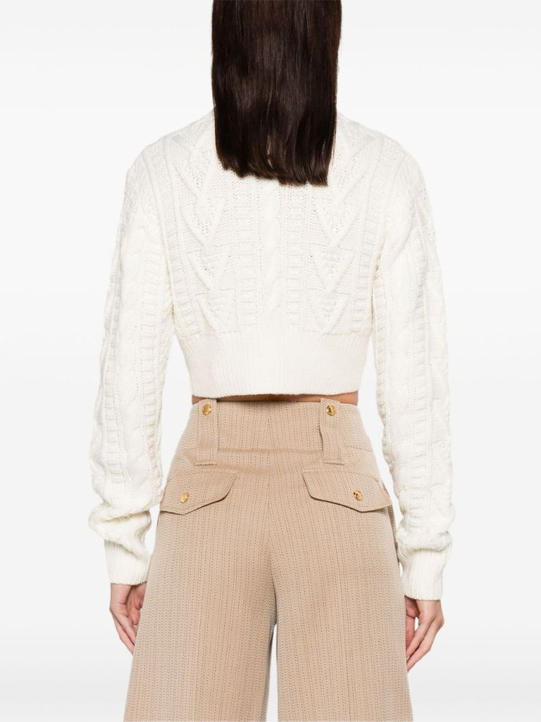Neutral Cable-knit Cropped Wool Cardigan