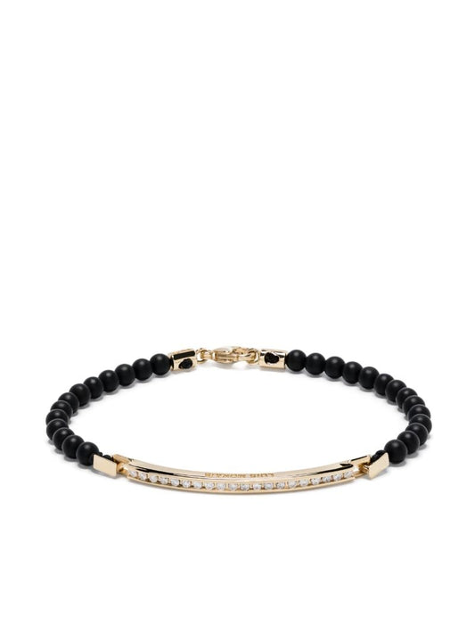 14k Yellow Gold Large Id Bar Diamond Beaded Bracelet