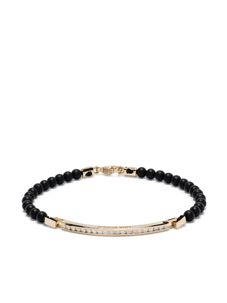 14k Yellow Gold Large Id Bar Diamond Beaded Bracelet