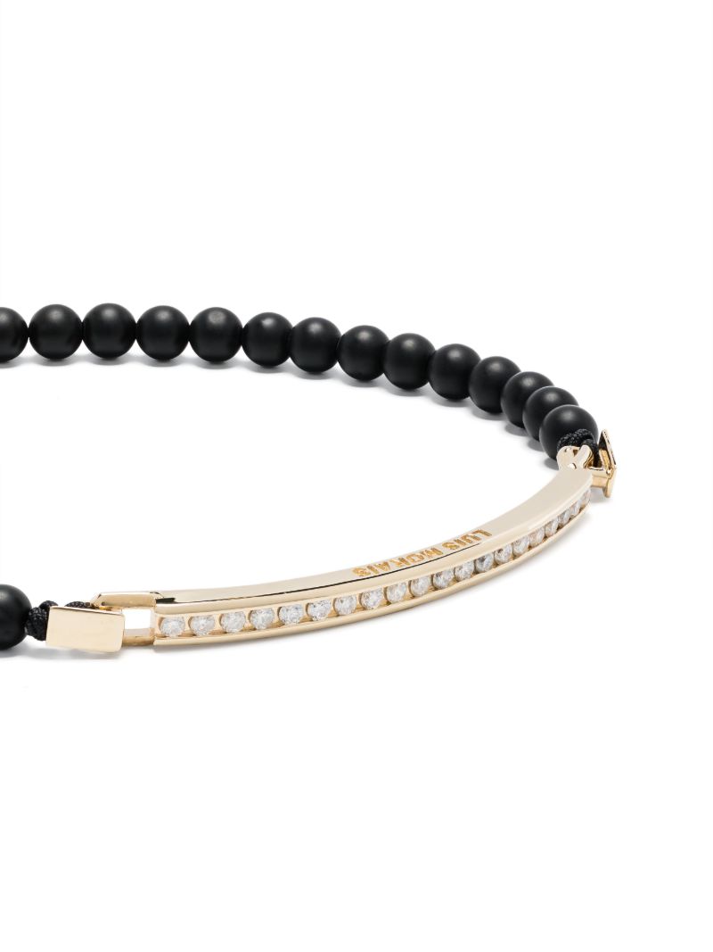 14k Yellow Gold Large Id Bar Diamond Beaded Bracelet