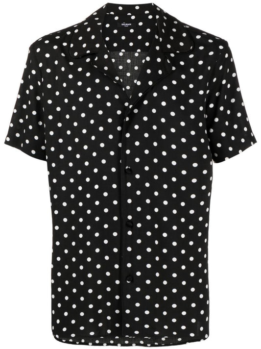 Black Polka Dot Print Bowling Shirt