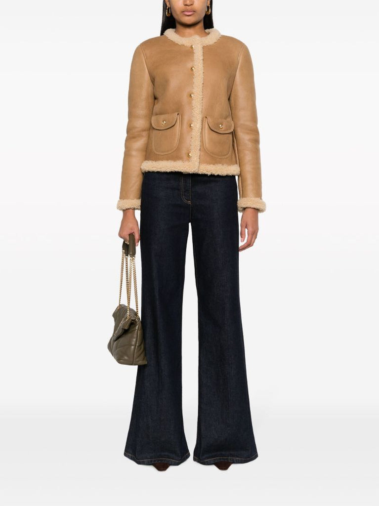 Brown Shearling Trim Leather Jacket