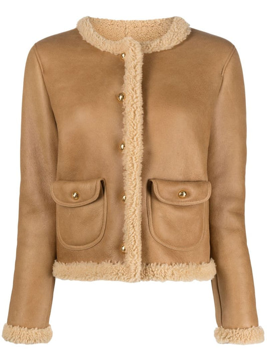 Brown Shearling Trim Leather Jacket