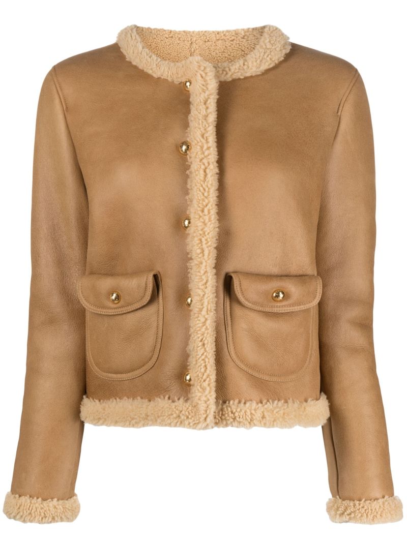 Brown Shearling Trim Leather Jacket