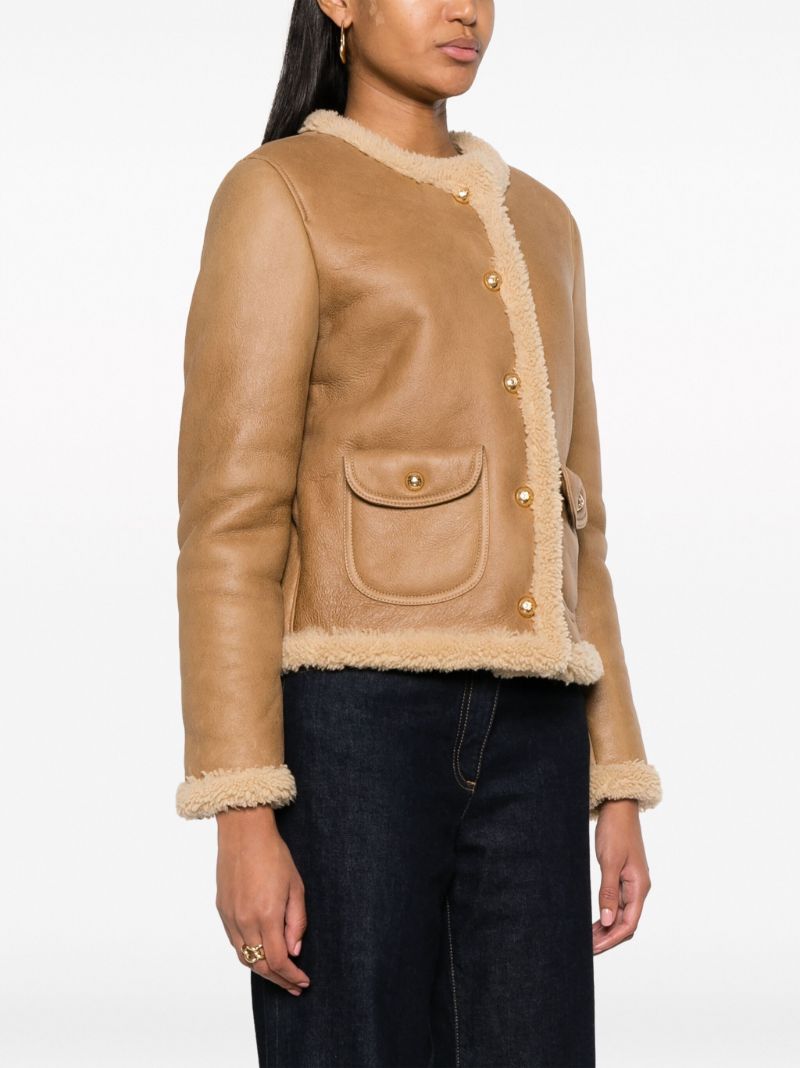 Brown Shearling Trim Leather Jacket