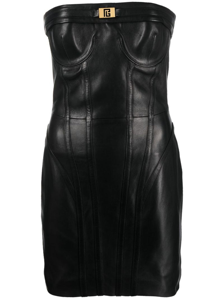 Black Strapless Leather Mini Dress