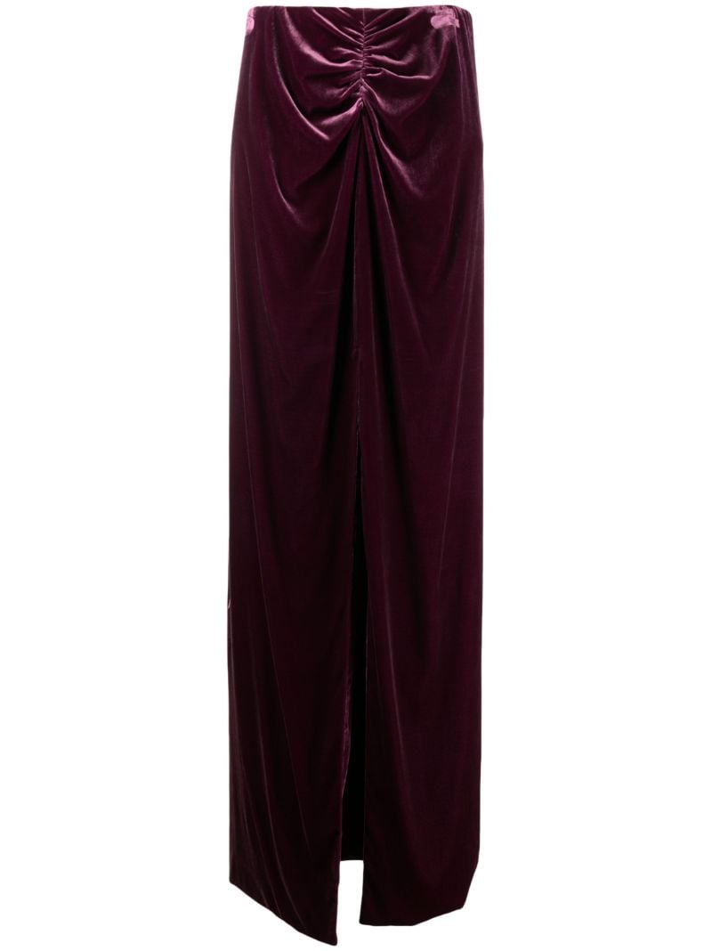 Purple Nia Ruched Velvet Maxi Skirt