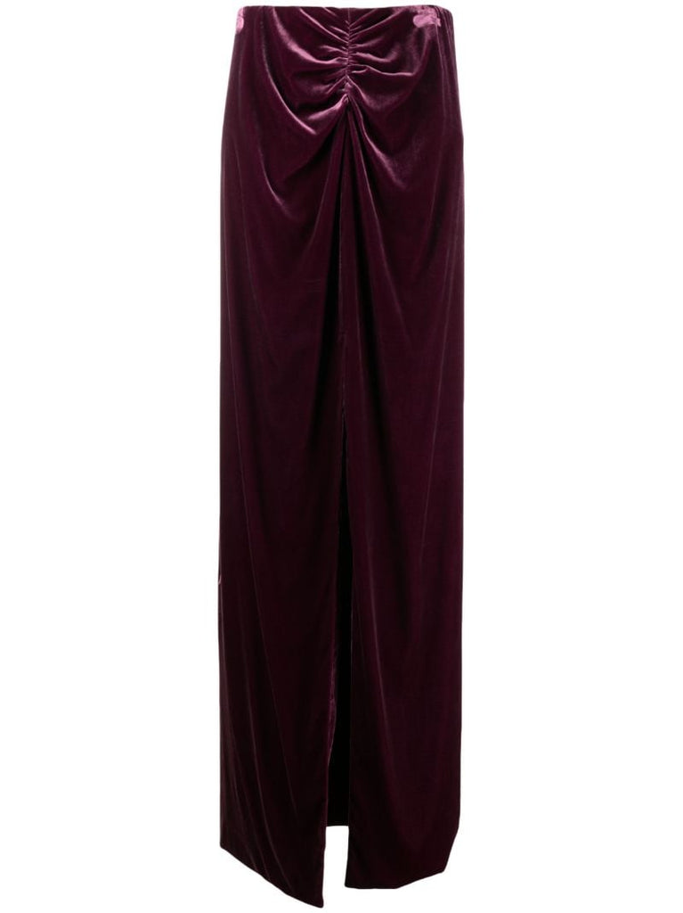 Purple Nia Ruched Velvet Maxi Skirt