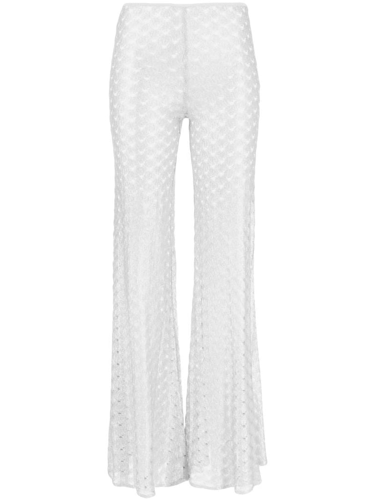 White Zigzag Mesh Flared Trousers