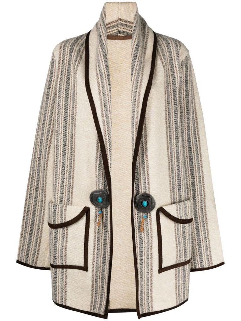 Neutral Striped Contrasting-trim Cardigan