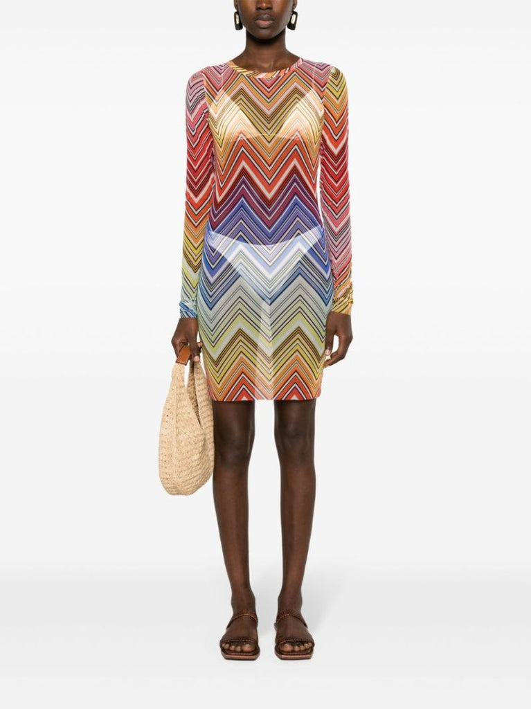 Orange Zigzag-print Tulle Mini Dress
