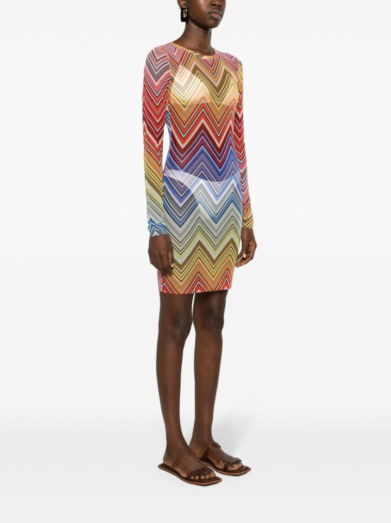 Orange Zigzag-print Tulle Mini Dress