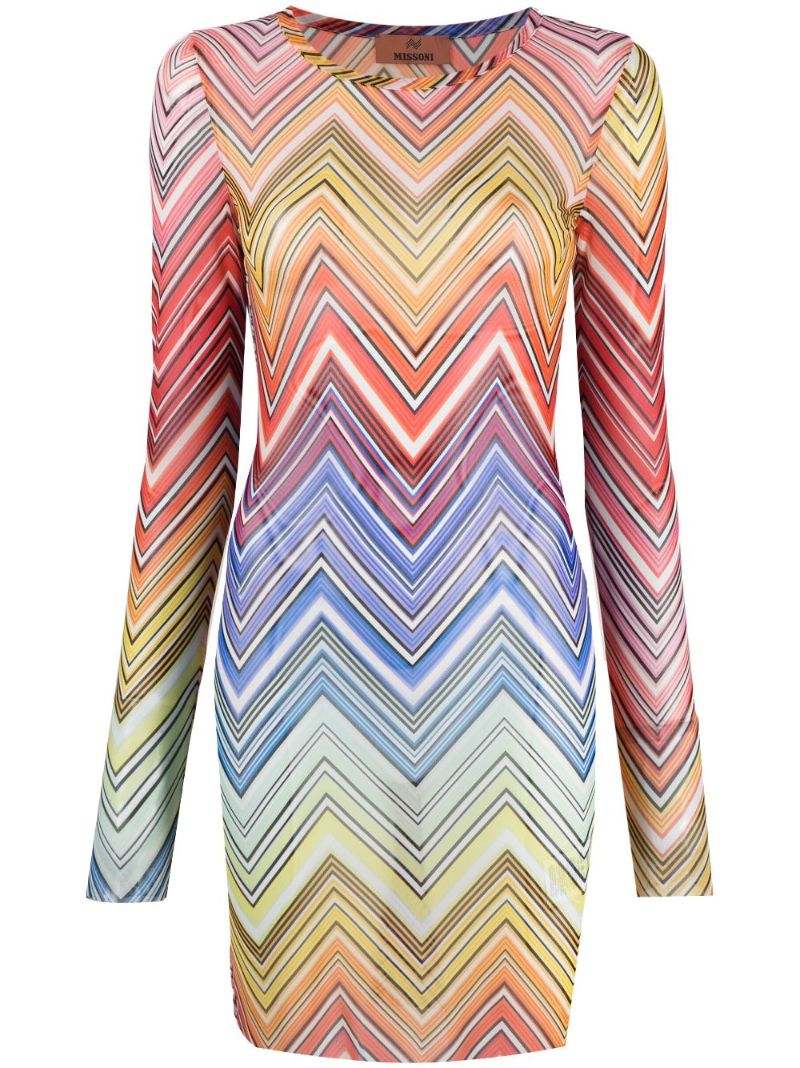 Orange Zigzag-print Tulle Mini Dress
