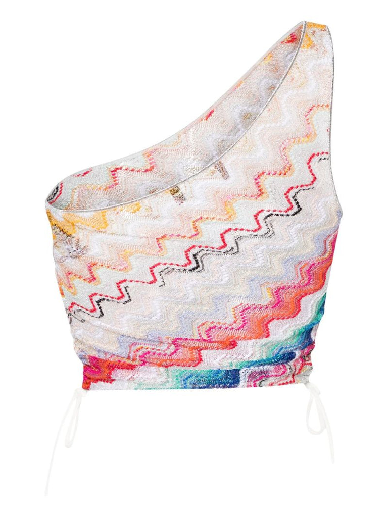 White Zigzag Woven One-shoulder Top