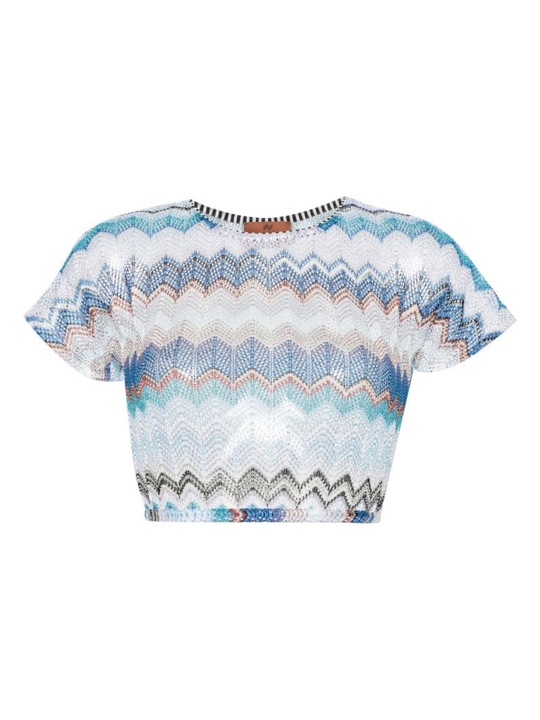 Blue Zigzag Woven Cropped T-shirt