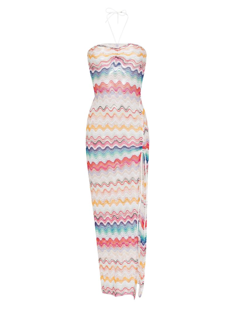 White Zigzag Woven Halterneck Dress