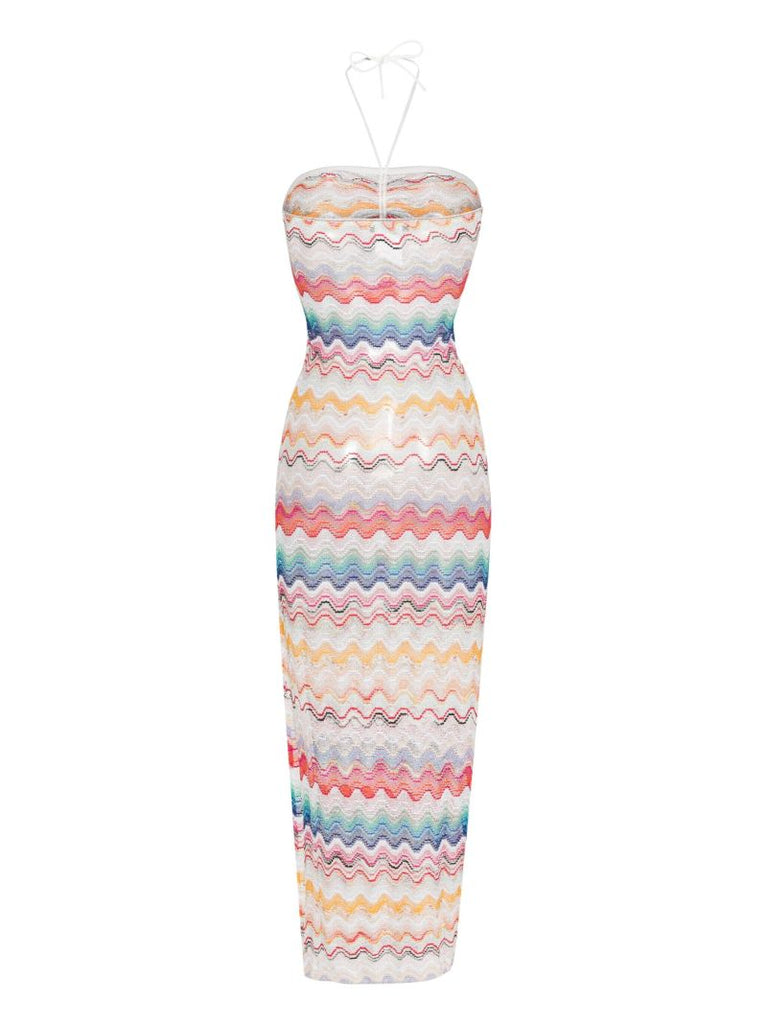 White Zigzag Woven Halterneck Dress
