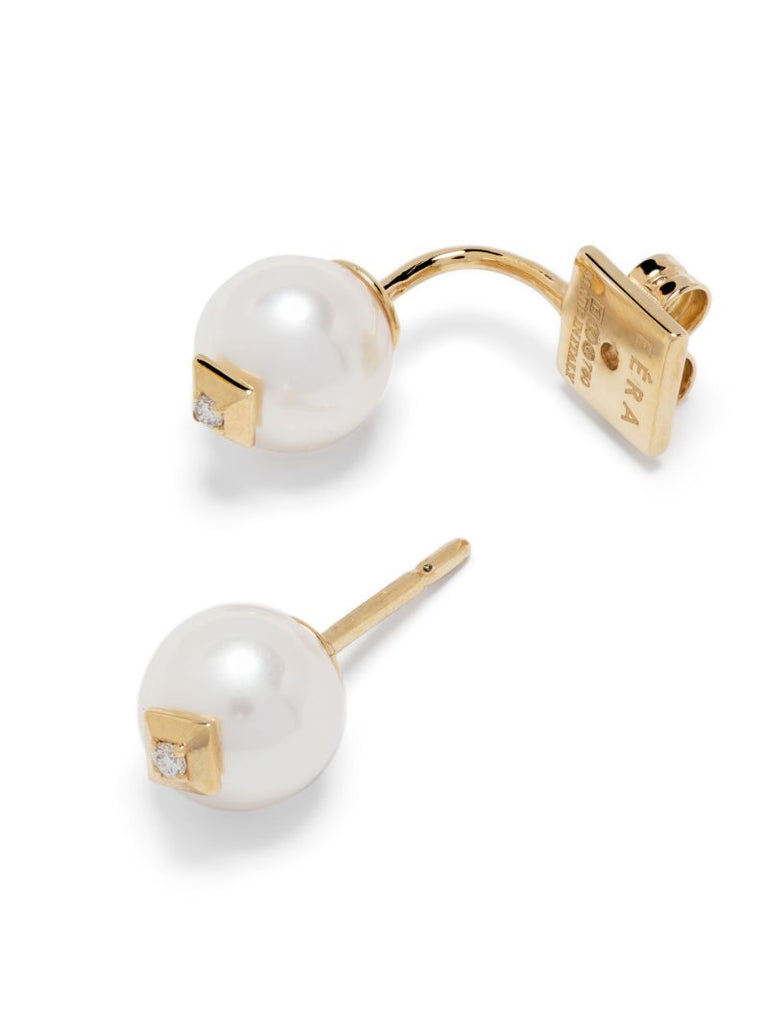 18k Yellow Gold Double Pearl and Diamond Single Stud Earring