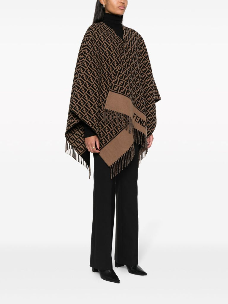 Brown Ff-logo Wool Poncho