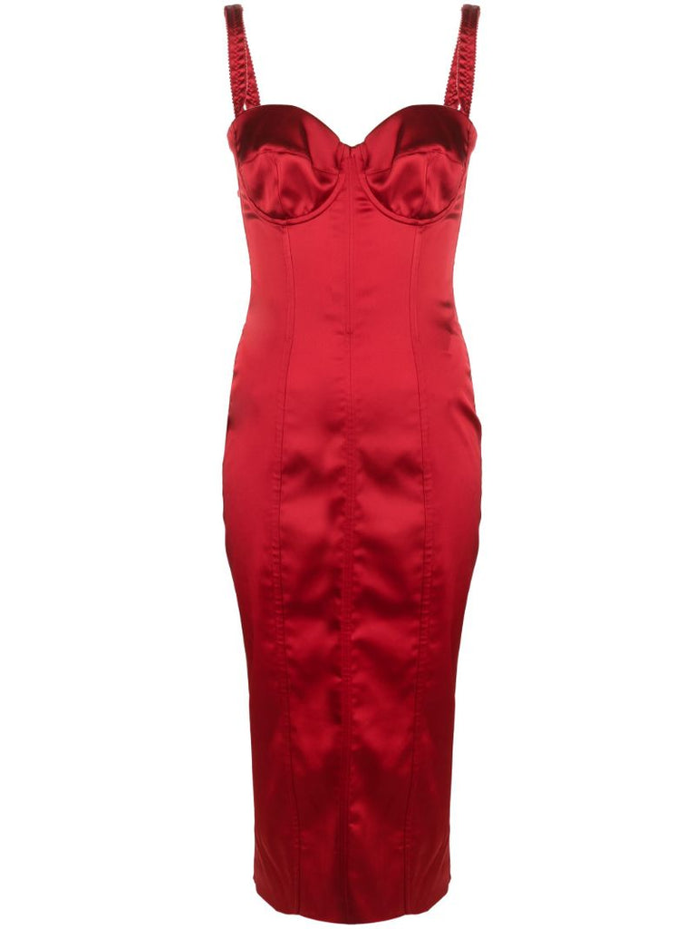 Red Sweetheart-neck Corset Midi Dress