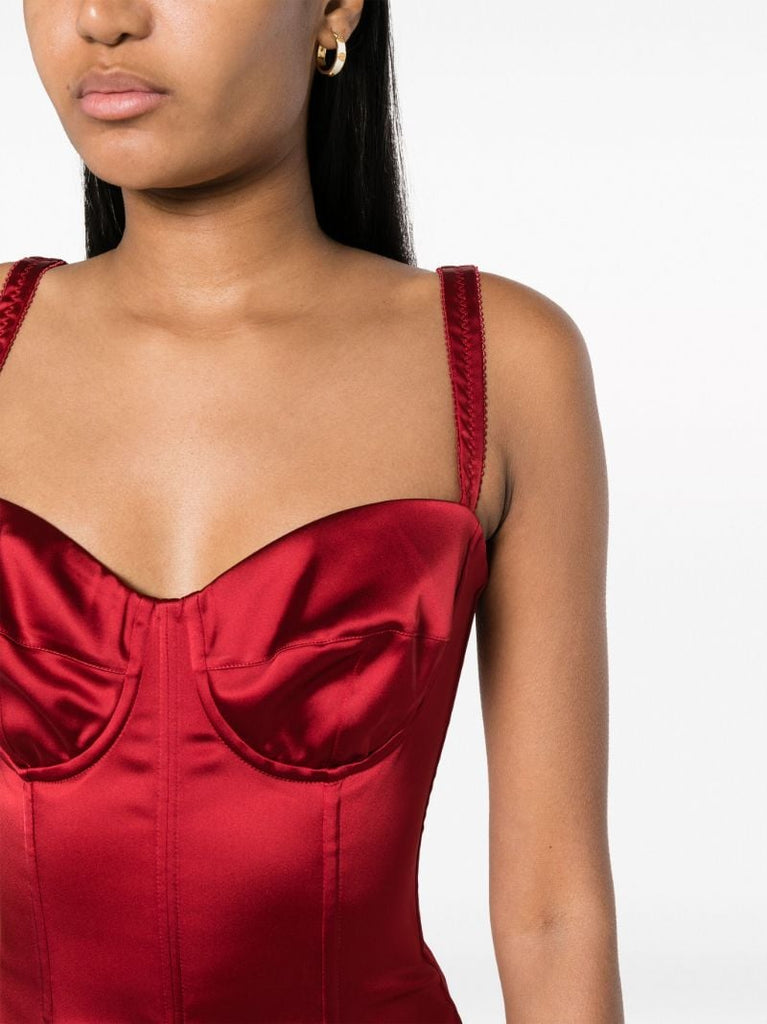 Red Sweetheart-neck Corset Midi Dress