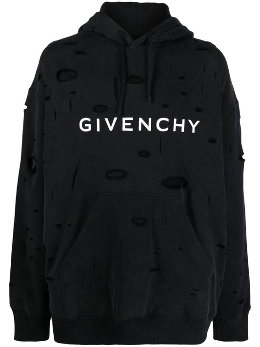 Black Logo-print Ripped Hoodie