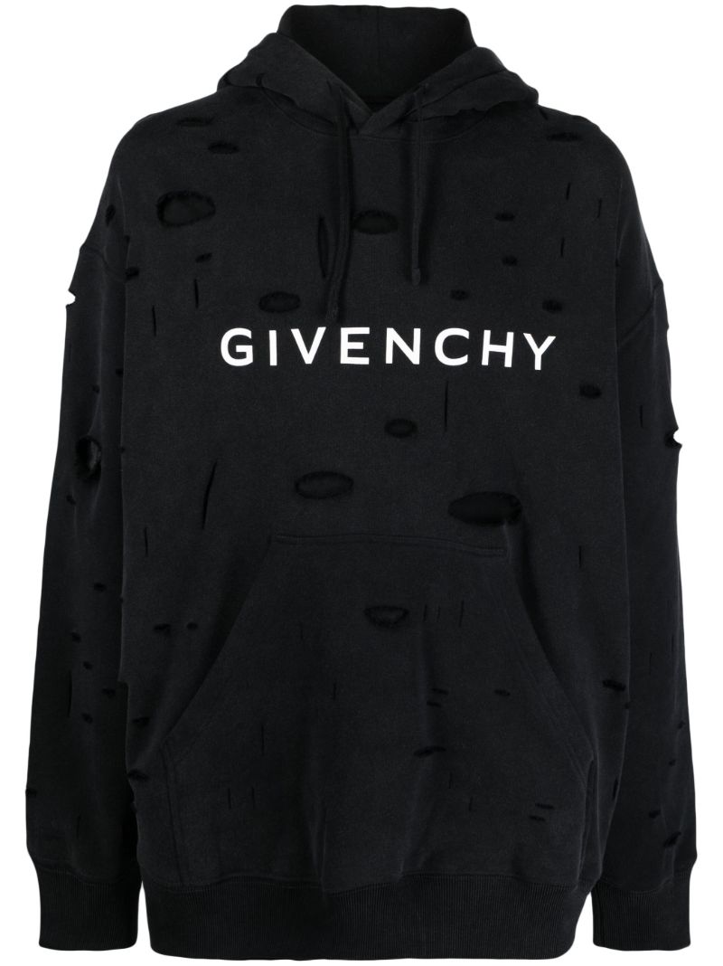 Black Logo-print Ripped Hoodie