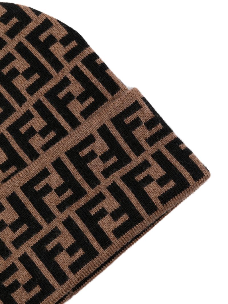 Brown Ff-pattern Intarsia-knit Beanie Hat