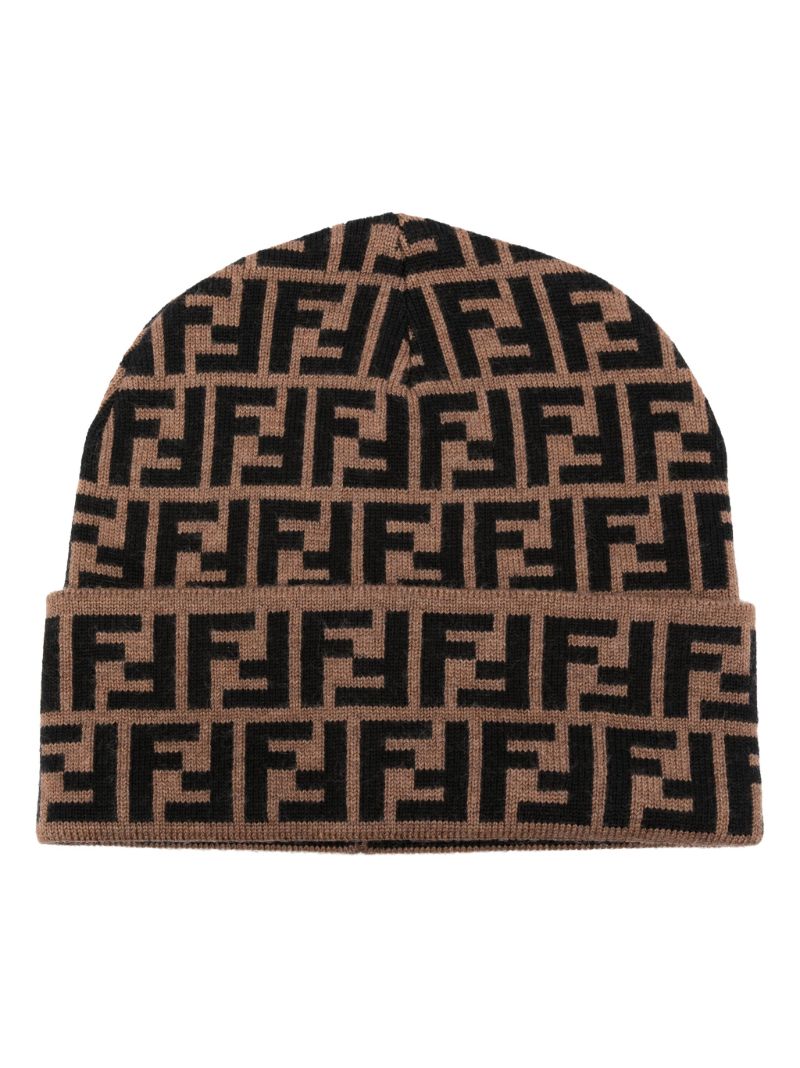 Brown Ff-pattern Intarsia-knit Beanie Hat