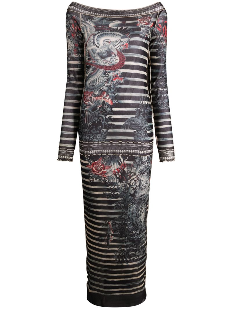 Blue Tattoo-print Striped Dress