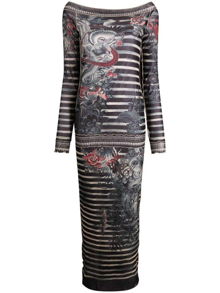Blue Tattoo-print Striped Dress