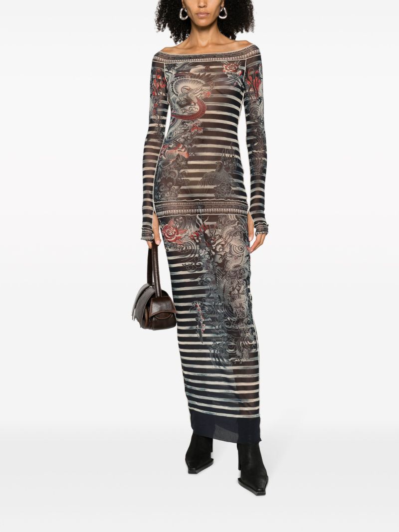 Blue Tattoo-print Striped Dress