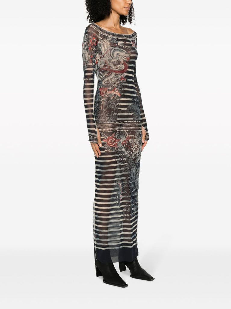 Blue Tattoo-print Striped Dress