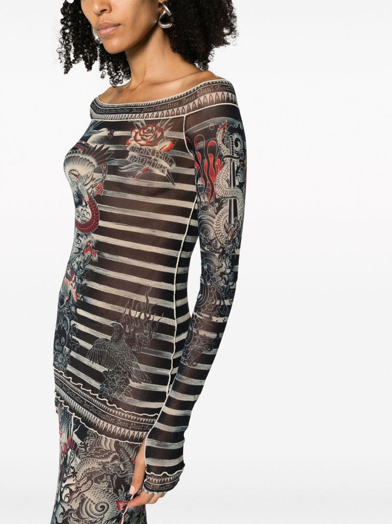 Blue Tattoo-print Striped Dress