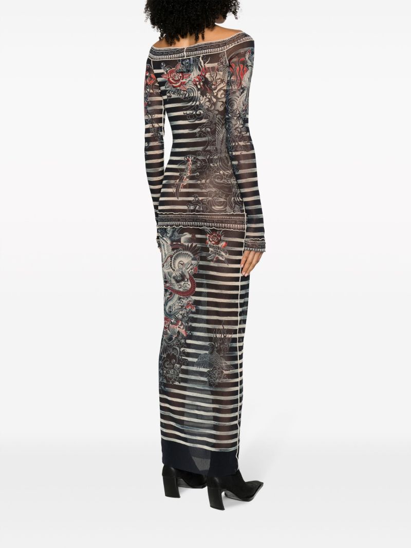 Blue Tattoo-print Striped Dress